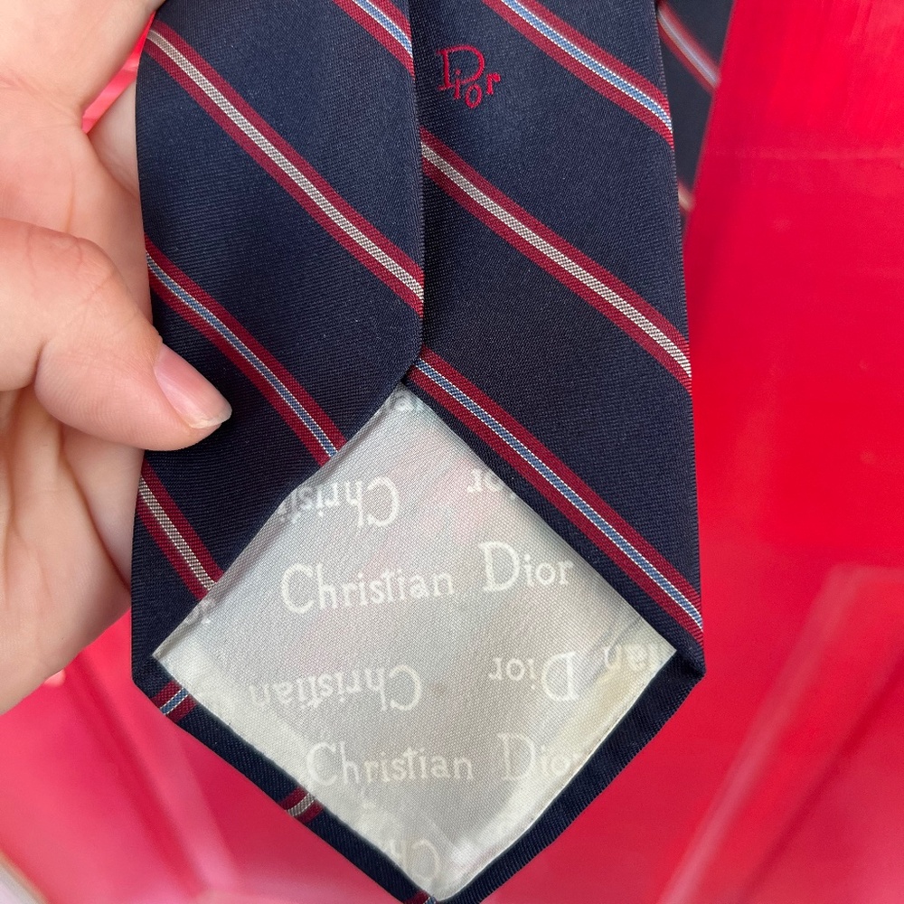 Christian Dior Men's Tie Formal Wedding Red Blue Stripes Prom Office Luxury
